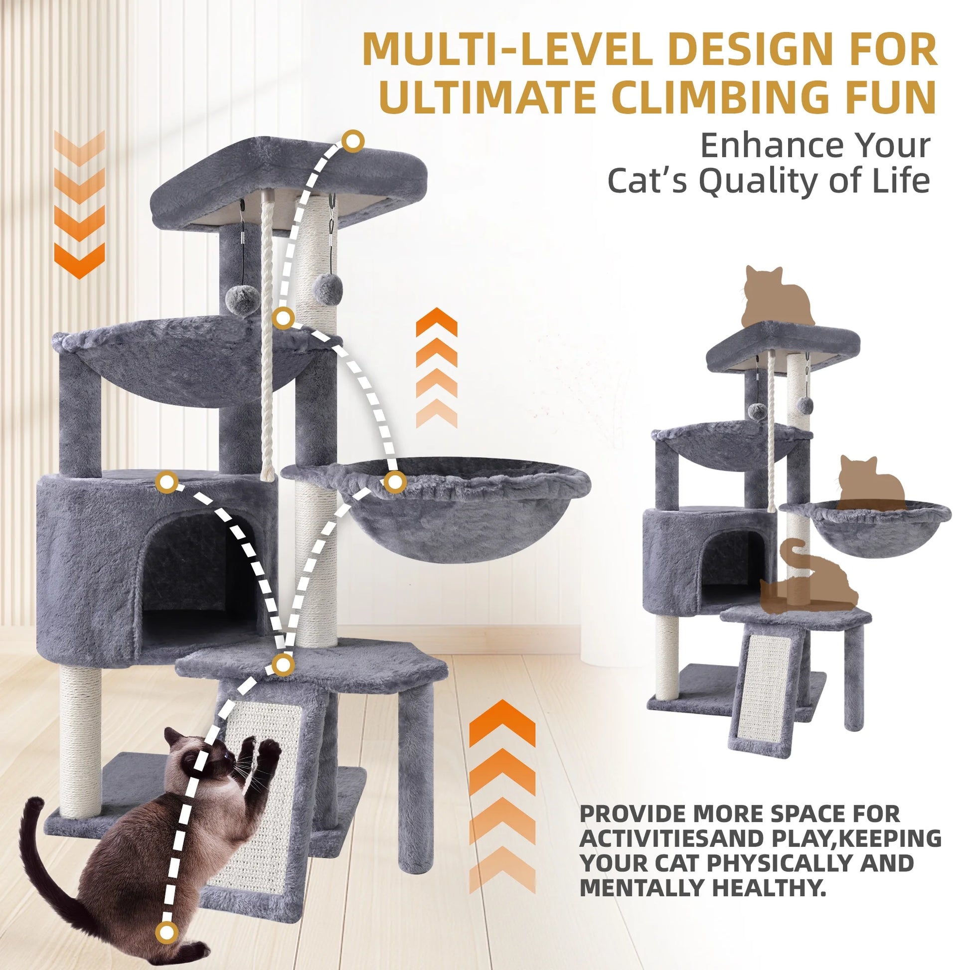 37.4'' Cat Tree Cat Tower with Scratching Posts, Activity Centre Climbing Tree Cat Furniture with Cat Condo and Two Hammocks, Grey